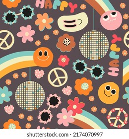 Groovy seamless pattern with flowers, rainbows. Trendy print. Vector hand drawn illustration.