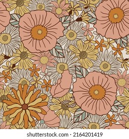 Groovy seamless pattern with flowers. Pattern in the style of the 70s. Vector hand drawn illustration.