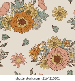 Groovy seamless pattern with flowers. Pattern in the style of the 70s. Vector hand drawn illustration.