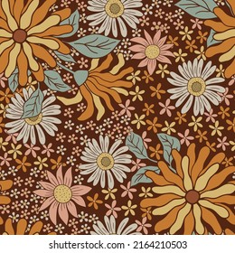Groovy seamless pattern with flowers. Pattern in the style of the 70s. Vector hand drawn illustration.