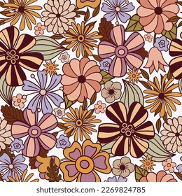 Groovy patrón sin fisuras con flores. Patrón al estilo de los años 70. Ilustración dibujada a mano por vectores.