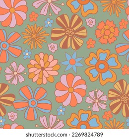 Groovy seamless pattern with flowers. Pattern in the style of the 70s. Vector hand drawn illustration.