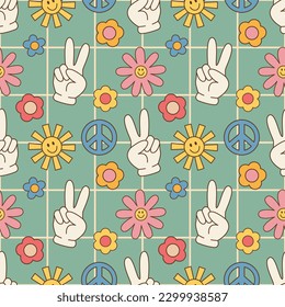 Groovy seamless pattern, flowers, sun. Retro hippie style, floral vector background of the 60s, 70s, 80s