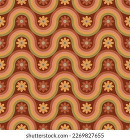 Groovy seamless pattern with geometric shapes and flowers. Design in the style of the 70s. Vector hand-drawn illustration.