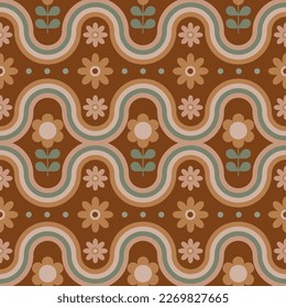 Modalidades sin fisuras y gruesas con formas geométricas y flores. Diseño al estilo de los años 70. Ilustración dibujada a mano por vectores.