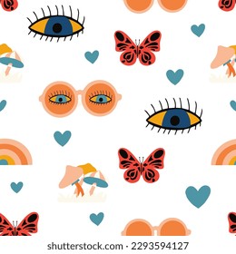 Groovy seamless pattern with glasses, butterflies, mushrooms and hearts. Vector illustration