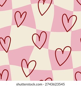 Groovy seamless pattern with hand drawn hearts on distorted checkered background. Valentine's day backdrop for textile, wrapping paper and stationery designs
