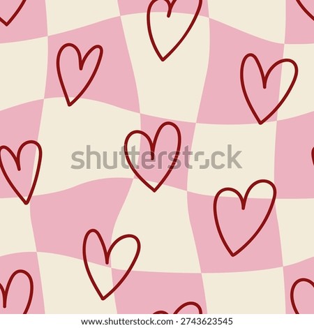 Groovy seamless pattern with hand drawn hearts on distorted checkered background. Valentine's day backdrop for textile, wrapping paper and stationery designs