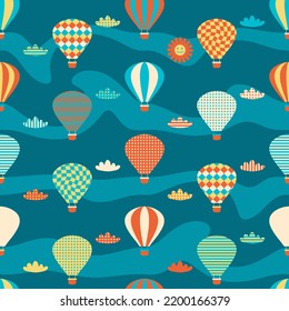 Groovy seamless pattern with hot air balloons, clouds and sun. Perfect print for tee, textile, paper and fabric. Retro vector illustration for surface design.




