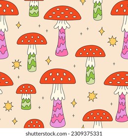 Groovy seamless pattern with magical fly agaric mushrooms and stars. Vector background in retro hippie style. 