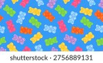 Groovy seamless pattern with multicolored gummy bears scattered across a blue background. Bright candy shapes with a retro vibe, perfect for textiles, wrapping paper, stationery and playful prints.