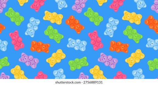 Groovy seamless pattern with multicolored gummy bears scattered across a blue background. Bright candy shapes with a retro vibe, perfect for textiles, wrapping paper, stationery and playful prints.