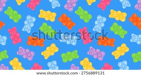 Groovy seamless pattern with multicolored gummy bears scattered across a blue background. Bright candy shapes with a retro vibe, perfect for textiles, wrapping paper, stationery and playful prints.