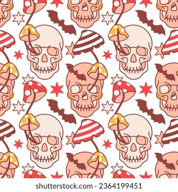 Groovy seamless pattern with mushrooms and fun skull. Funky grave concept and cool fungi on colorful background for fabric. Fun trippy hippy backdrop for Halloween. Day of the dead tile decoration.