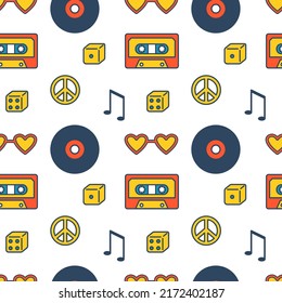 Groovy seamless pattern. Music pattern in retro style. Musical elements. 1970s.