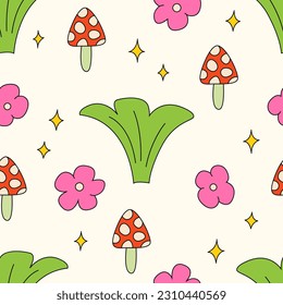 Groovy seamless pattern with nature elements and agaric mushrooms. Hippie and funky vector background with leaves, flowers and fungus. 