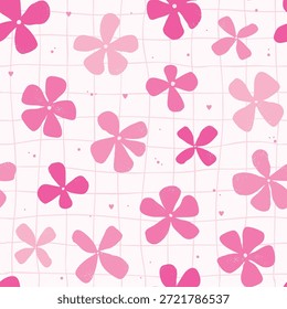 Groovy patrón transparente con flores de color rosa, puntos y corazones sobre fondo a cuadros para impresiones textiles, fondos, Anuncios, papel de embalaje, embalaje, Fondo de pantalla, etc. EPS 10