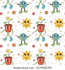 Groovy seamless pattern with planet Earth sun and flower in a pot. Vector background