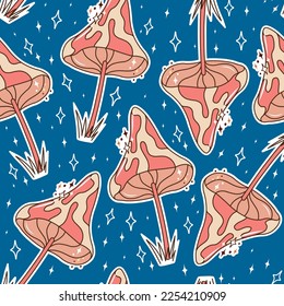 Groovy seamless pattern. Psychedelic mushrooms. Retro print in 70s. Hippie and boho style.