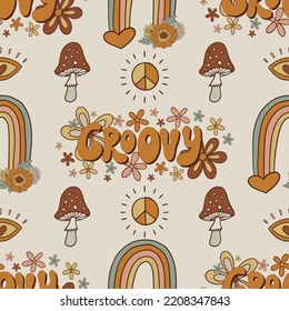 Groovy nahtlose Muster mit Regenbogen, Pilzen, Friedenssymbolen, Blumen und Phrasen "Groovy". Vektorgrafik. Kann für Gewebe, Umhüllung, Textilien, Tapeten, Bekleidung verwendet werden.