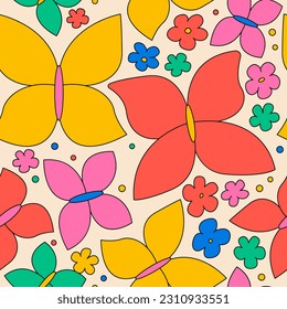 Groovy seamless pattern with retro butterflies and daisy flowers. Vector background in 1970 hippie style. Kidcore aesthetic