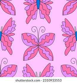 Groovy seamless pattern with retro butterflies. Vector psychedelic background in 1970 hippie style. 