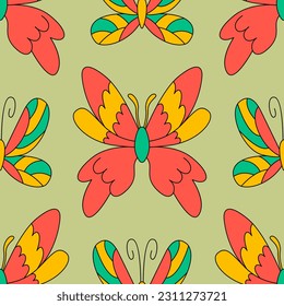 Groovy seamless pattern with retro butterflies. Vector psychedelic background in 1970 hippie style. 