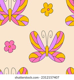 Groovy seamless pattern with retro butterflies and daisy flowers. Vector psychedelic background in 1970 hippie style. 