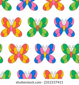 Groovy seamless pattern with retro butterflies. Vector psychedelic background in 1970 hippie style.