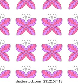 Groovy seamless pattern with retro butterflies. Vector psychedelic background in 1970 hippie style.