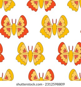 Groovy seamless pattern with retro butterflies. Vector psychedelic background in 1970 hippie style.