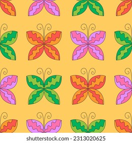 Groovy seamless pattern with retro butterflies. Vector psychedelic background in 1970 hippie style.