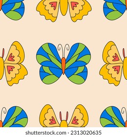Groovy patrón sin fisuras con mariposas retro. Vector psicodélico de fondo en estilo hippie 1970. 