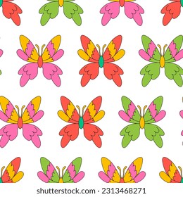 Groovy seamless pattern with retro butterflies. Vector psychedelic background in 1970 hippie style.