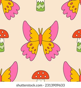 Groovy seamless pattern with retro butterflies and mushrooms. Vector psychedelic background in 1970 hippie style. 