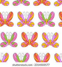 Groovy seamless pattern with retro butterflies. Vector psychedelic background in 1970 hippie style.