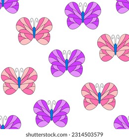 Groovy seamless pattern with retro butterflies. Vector psychedelic background in 1970 hippie style.