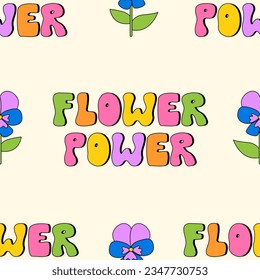 Groovy seamless pattern with retro lettering flower power and pansies. Vector background in hippie style