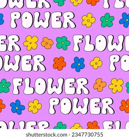 Groovy seamless pattern with retro lettering flower power and pansies. Vector background in hippie style. Kid core aesthetic