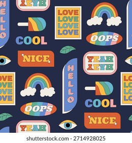 Groovy patrón transparente en estilo gráfico de dibujos animados retro y2k. Los Elementos alegres de la etiqueta engomada y el fondo colorido divertido combinan Formas frescas en esta composición vibrante. Superficie de moda, alegre
