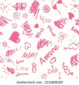 Groovy seamless pattern with scribbles. Love lettering allover print for paper, fabric, different surface. Love, hearts, flowers, scribbles. Fun and romantic illustration, Valentine's day card