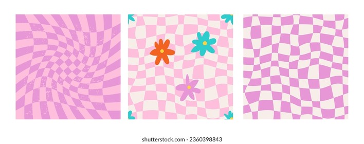 Groovy seamless pattern set. 1970 daisy flowers, trippy grid geometric backgrounds. Set in lilac colors. Psychedelic abstract vector Illustration. Seventies style flat design, hippie retro aesthetic. 