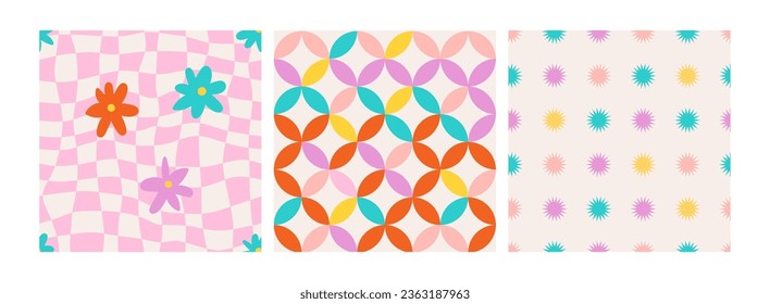 Groovy juego de patrones sin fisuras. Flores de margarita de 1970, fondos geométricos de la cuadrícula trippy. Fijado en colores rosados. Ilustración de vector psicodélico abstracto. Diseño plano estilo setenta, estética retro hippie. 