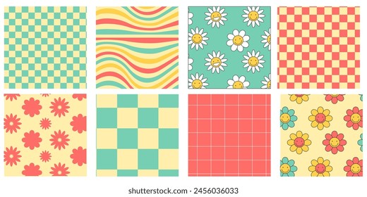 Groovy seamless pattern set with funny happy flowers, chess, waves. Vector backgrounds in trendy retro colors, blue, yellow and pink.