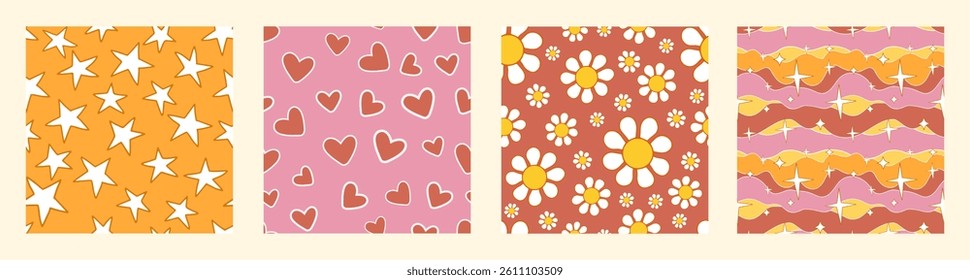 Groovy seamless pattern set with stars, hearts, waves and flowers
