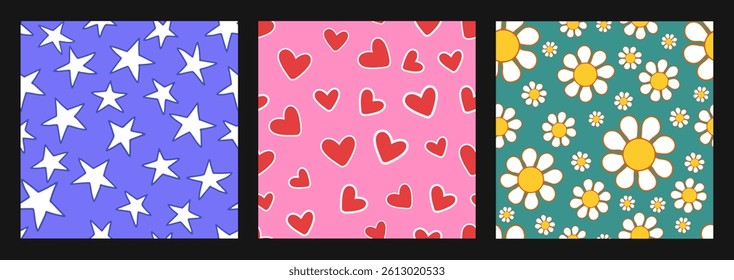 Groovy seamless pattern set with stars, hearts and flowers