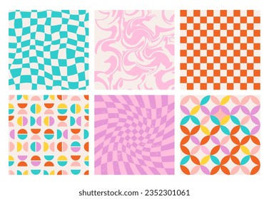 Groovy seamless pattern set with waves, checkerboard. Psychedelic geometric abstract vector backgrounds in 1970s hippie retro style for print on textile, wrapping paper, web. Retro illustrations