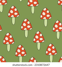 Groovy seamless pattern with small fly agaric mushrooms. Vector background in retro hippie style. 
