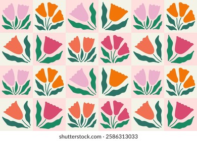 Groovy seamless pattern with tulip flowers. Floral tile background. Modern trendy minimal style. Surface cover design. Fabric textile print.