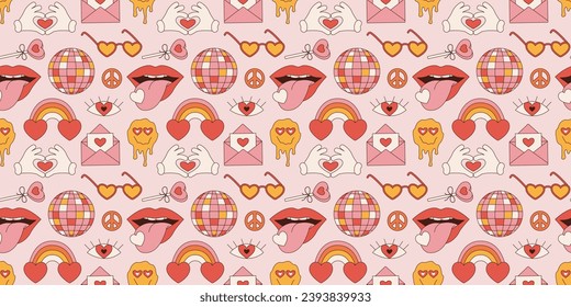 Groovy seamless pattern Valentines Day. Retro hippie psychedelic style vector wallpaper in 60s, 70s. Vector cartoon background